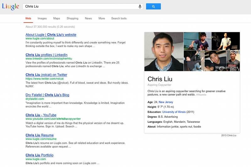 Liugle.com to pomysłowe CV przypominające stronę Google. Przygotował je Chris Liu.