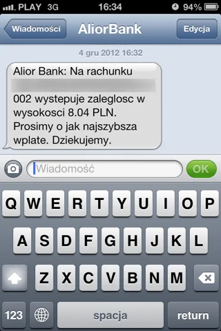Na rachunku znajduje się zaległość 8zł. Prosimy o jak najszybsze zamknięcie rachunku.