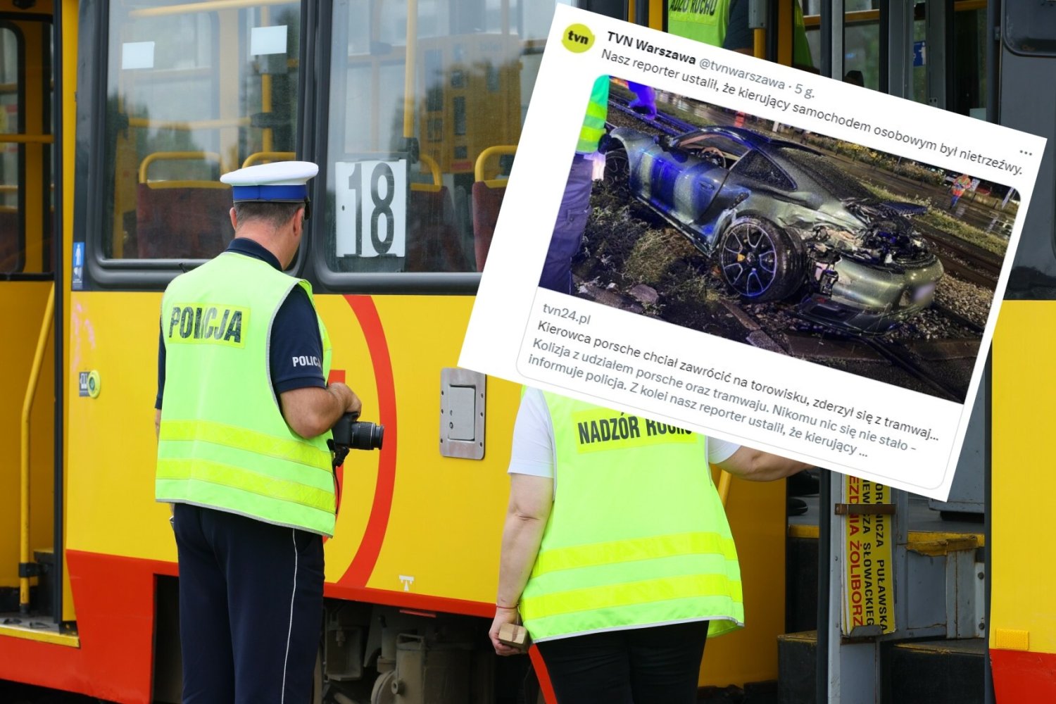 Wypadek w Warszawie. Porsche wjechało w torowisko.