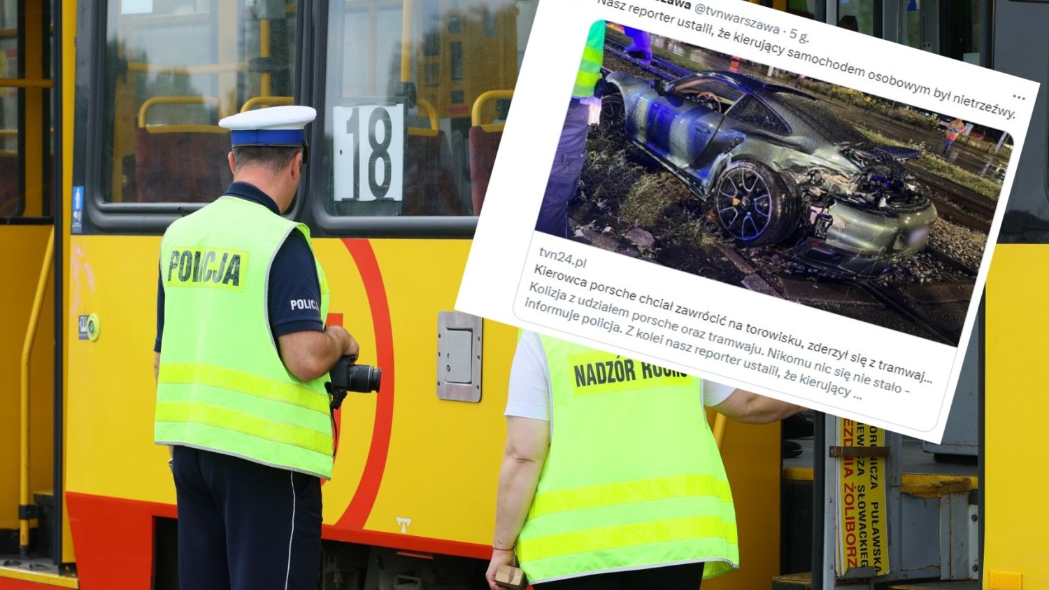 Wypadek w Warszawie. Porsche wjechało w torowisko.