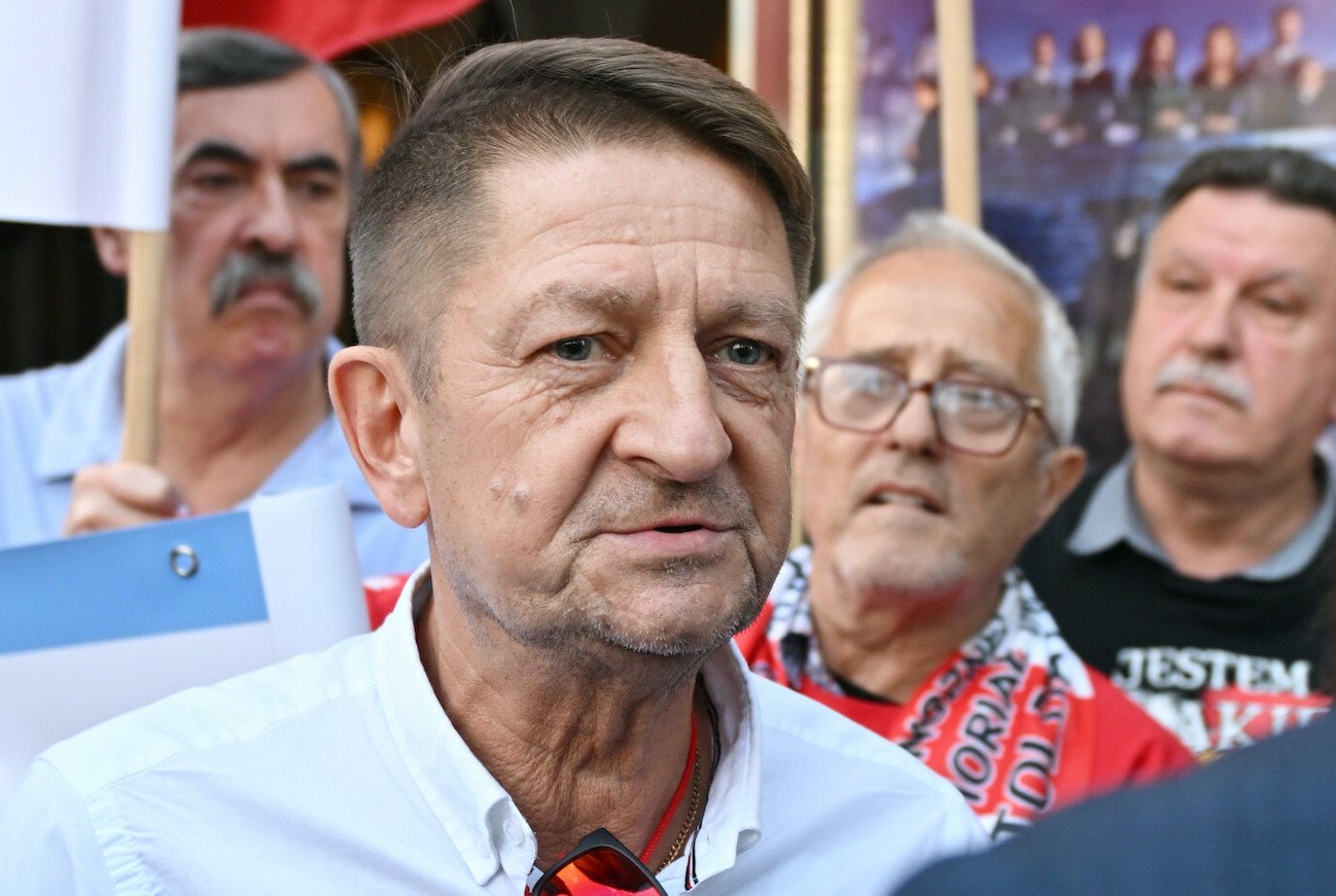 Ryszard Majdzik. Ryszard Majdzik na proteście przeciwko wyświetlaniu filmu "Zielona Granica" Agnieszki Holland (2023).