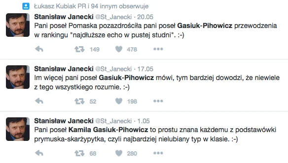 Pisowski publicysta poświęca wyjątkowo dużo uwagi złośliwościom wobec posłanki .Nowoczesnej.