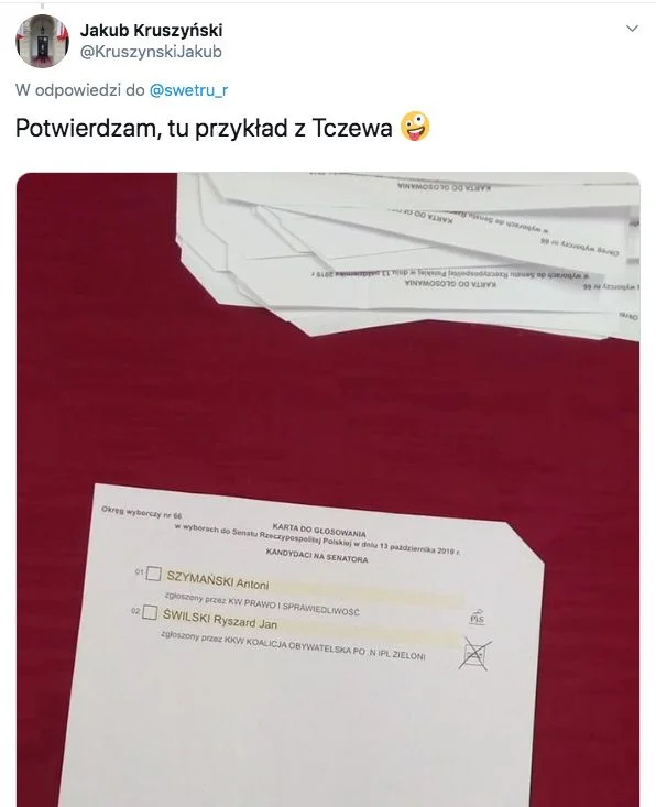 Nieważny głos w komisji w Tczewie – znak "x" postawiony w kratce z logo KO, a nie w kratce po lewej stronie nazwiska.