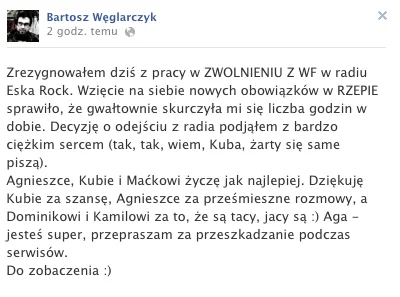 Dziennikarz na Facebooku poinformował, że odchodzi z Eski Rock.