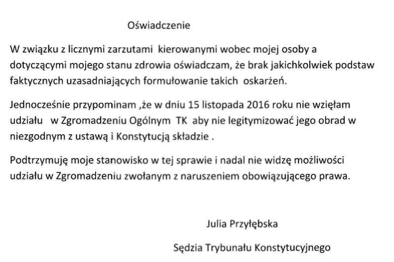 Oświadczenie wskazuje, że to nie z powodu choroby Julia Przyłębska nie pojawiła się w TK 30 listopada. 15 listopada też się nie pojawiła, a na zwolnieniu wówczas nie była.