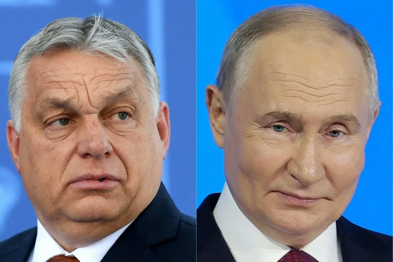 Orban idzie śladem Putina. Krytyka jego polityki ma być przestępstwem. Przywódca Węgier boi się utraty władzy podczas wyborów parlamentarnych w 2026 roku. Viktor Orban i Władimir Putin – zestawienie zdjęć przywódców Węgier i Rosji.
