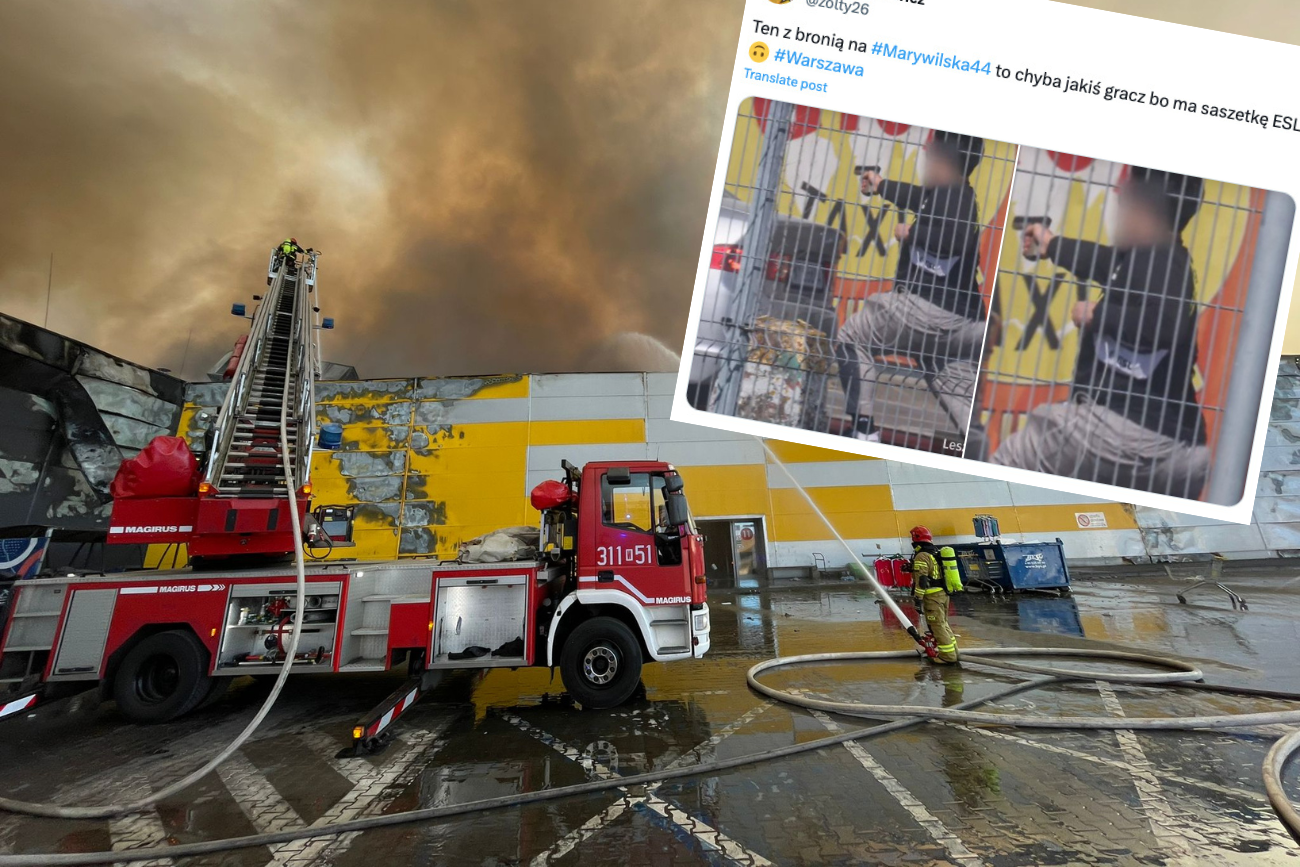 Pożar hali Marywilska 44 w Warszawie. Mężczyzna z atrapą broni