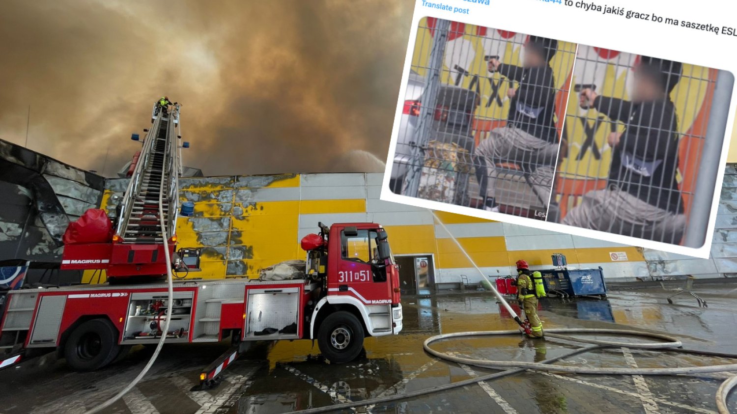 Pożar hali Marywilska 44 w Warszawie. Mężczyzna z atrapą broni