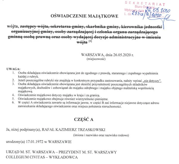 Oświadczenie majątkowe Rafała Trzaskowskiego.