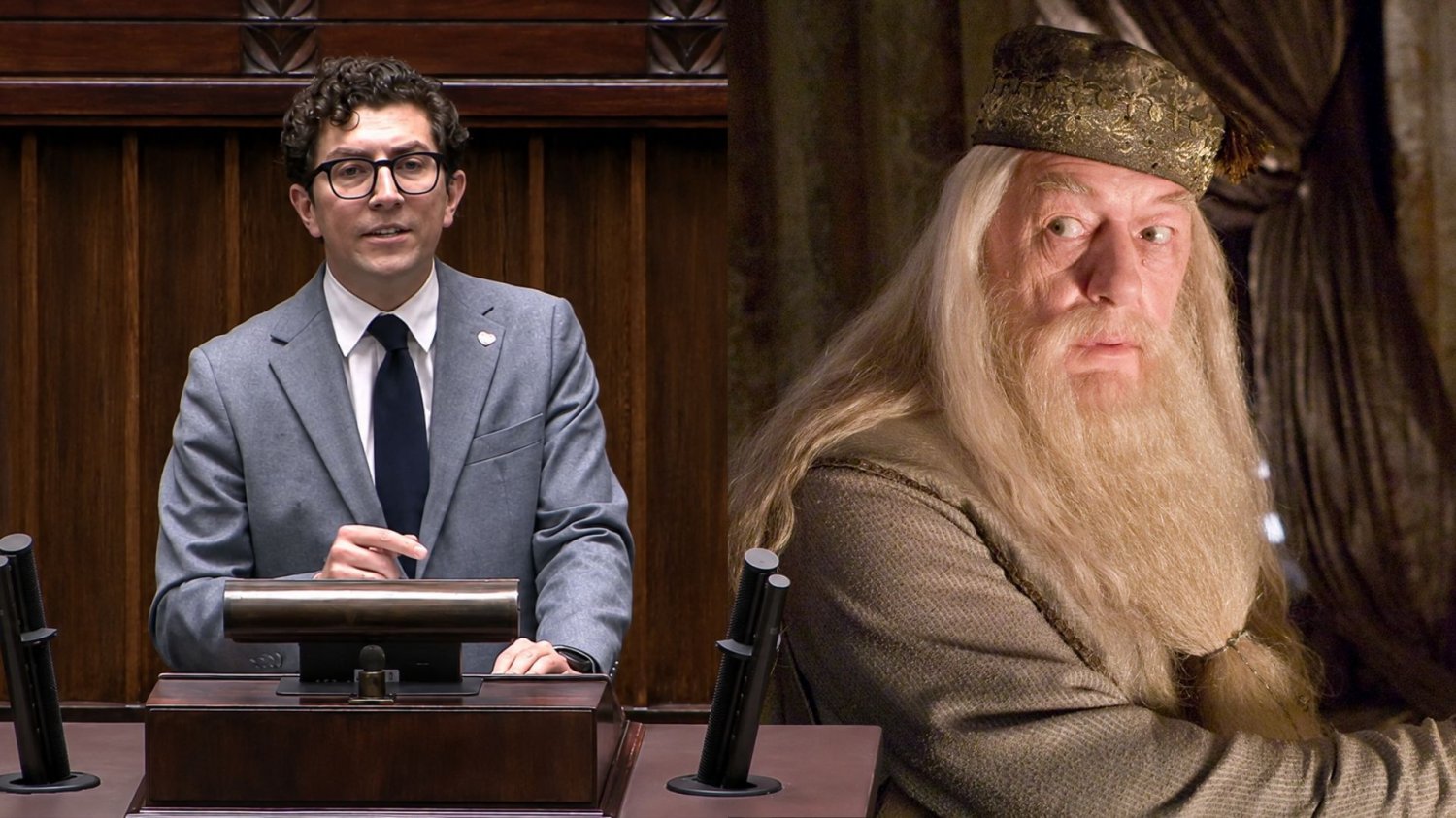 Wybór członków KRS w Sejmie 2026 – relacja, wyniki i Dumbledore Poseł Maciej Tomczykiewicz przemawiający z mównicy w polskim Sejmie podczas wyboru 15 sędziów do KRS 2026. Obok filmowy Albus Dumbledore