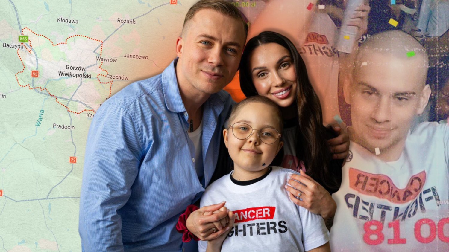 Marek Kopyść, fundacja Cancer Fighters, Łatwogang, w tle mapa Gorzowa Wielkopolskiego