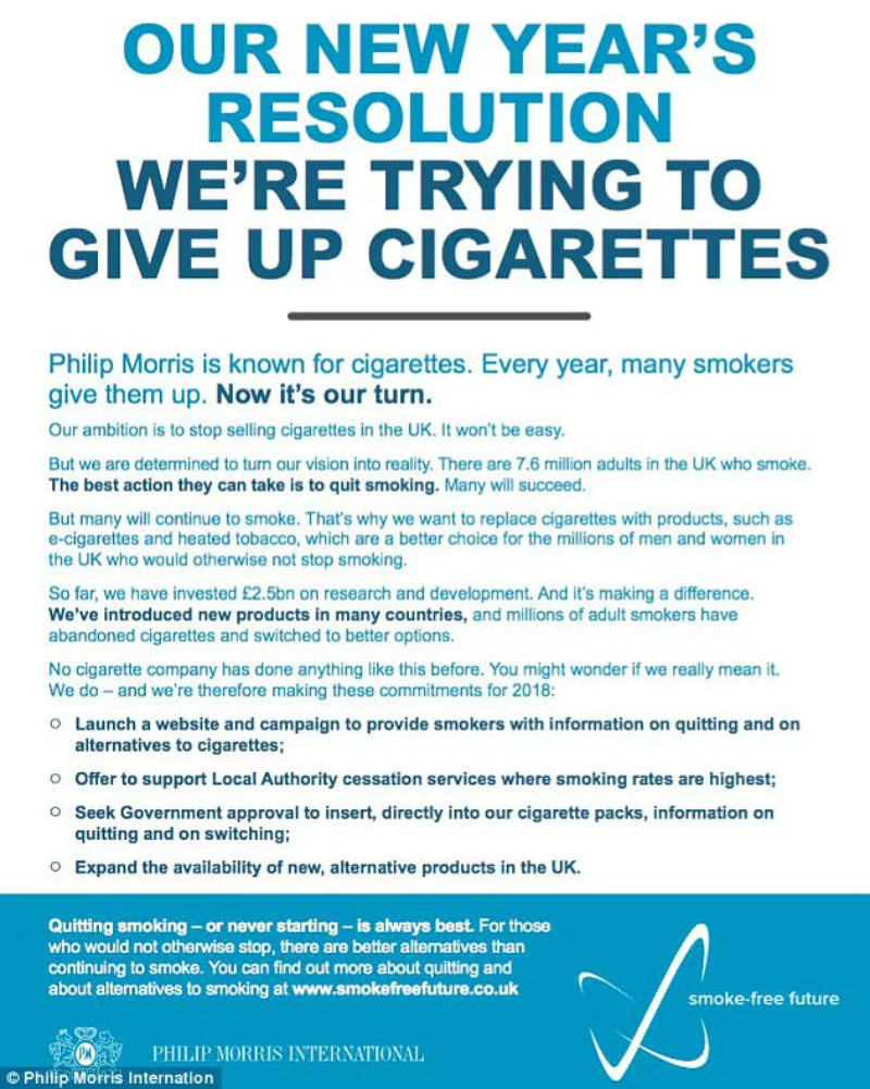 Deklaracja koncernu Philip Morris ukazała się w największych brytyjskich dziennikach.