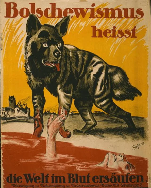 Rok 1919. Plakat antybolszewicki. Bolszewizm utopi świat we krwi