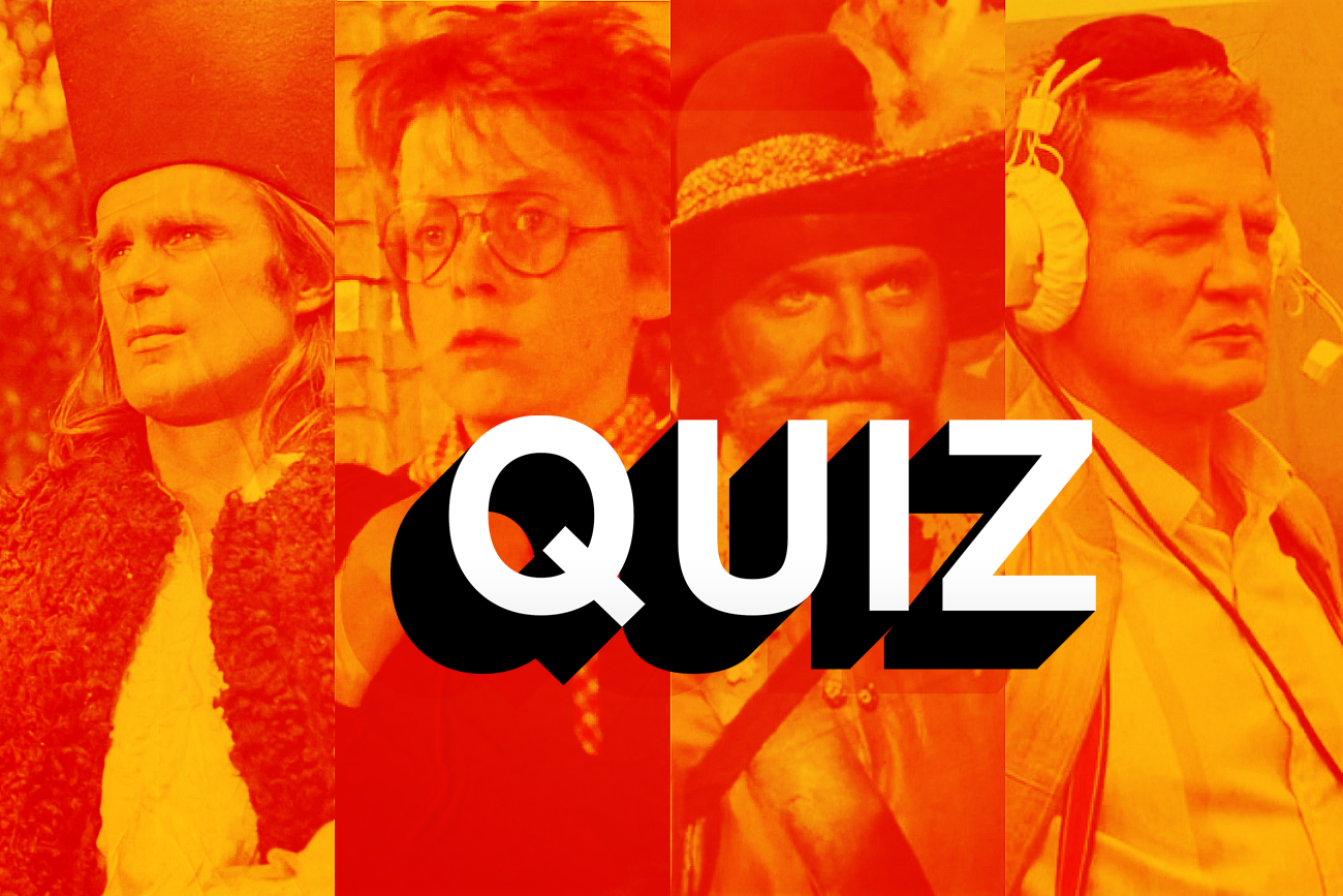 Okładka quizu o serialach z PRL. W tle kadry z seriali "Janosik", "Siedem życzeń", "Czarne chmury" i "07 zgłoś się".