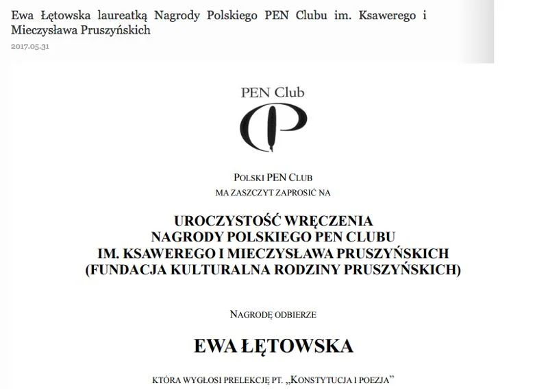 Prof. Ewa Łętowska miała dziś odebrać nagrodę im. Ksawerego i Mieczysława Pruszyńskich