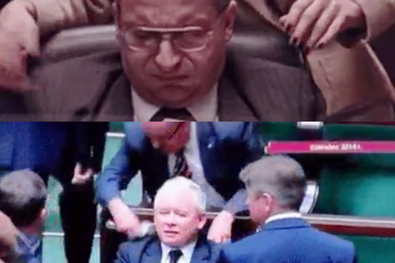 To porównanie scen z serialu "Ucho prezesa" i nagrań z Sejmu pokazuje, jak idealnie Robert Górski i spółka odwzorowują detale z życia prezesa Kaczyńskiego.