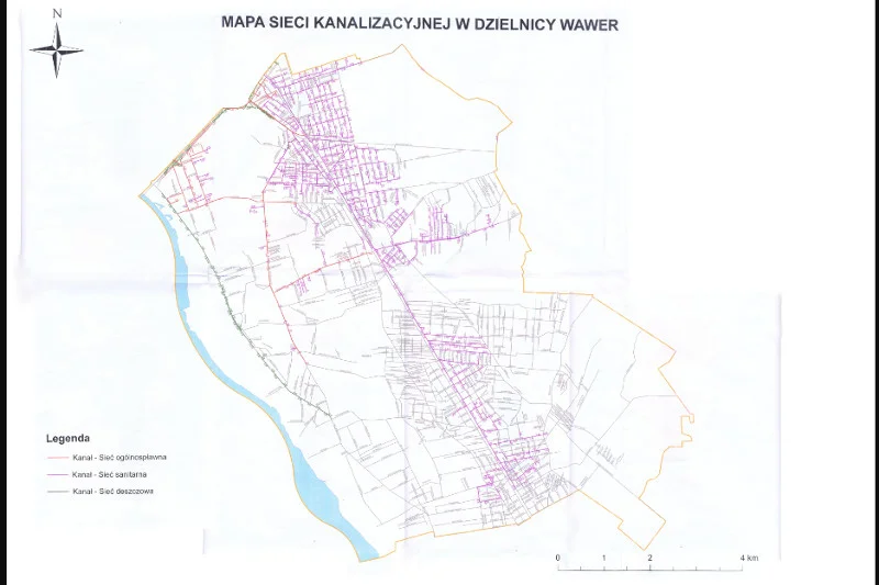 Mapa sieci kanalizacyjnej w Wawrze. Tam gdzie ulice są zaznaczone na fioletowo, tam sieć jest. Na szaro - kursują szambiarki. Mapa prezentuje stan z roku 2016, ale od tego czasu zmieniło się niewiele.