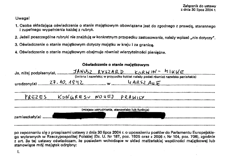 Oświadczenie majątkowe europosła Janusza Korwina-Mikkego.