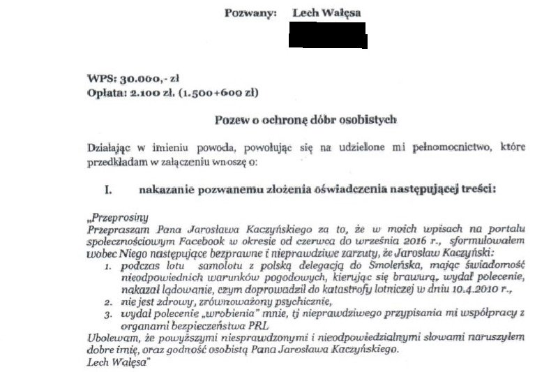 Jarosław Kaczyński pozywa Lecha Wałęsę. Prezes PiS poczuł się dotknięty słowami byłego prezydenta o tym, iż rzekomo przyczynił się do katastrofy smoleńskiej.