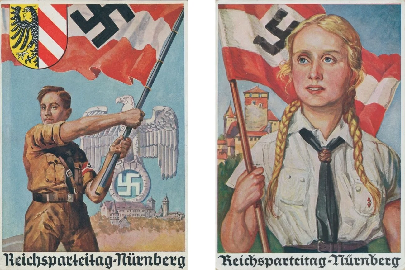 Pocztówki przedstawiające chłopca z Hitlerjugend i dziewczynkę z Bund Deutscher Mädel