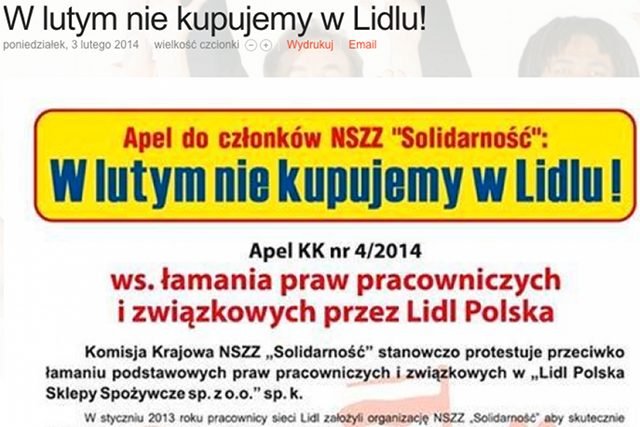 "Solidarność" wzywa swoich członków do bojkotowania sklepów sieci Lidl