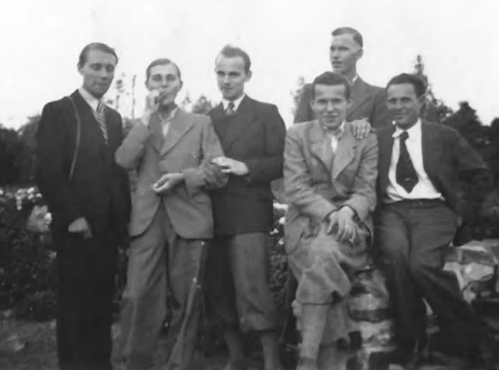 Meuselwitzki krąg przyjaciół. Od lewej: Werner Bilz, Helmut Heuer, Moritz Engelhardt, Hans Schreiber, Arne Just (z tyłu) i Rudolf Brazda