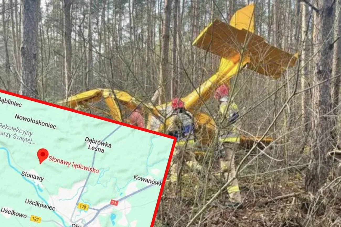 Wypadek awionetki w Słonawach. Rozbiła się w lesie