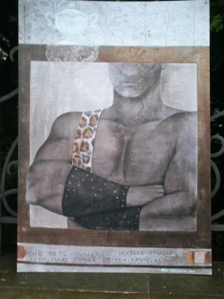 "Nie po to skończyłem wyższe studia, by sypać cukier do cukierniczki" - obraz Elżbiety Hołoweńko wręczony 1 czerwca ministrowi Gowinowi przez partię Zieloni 2004 oraz Fundację Feminoteka