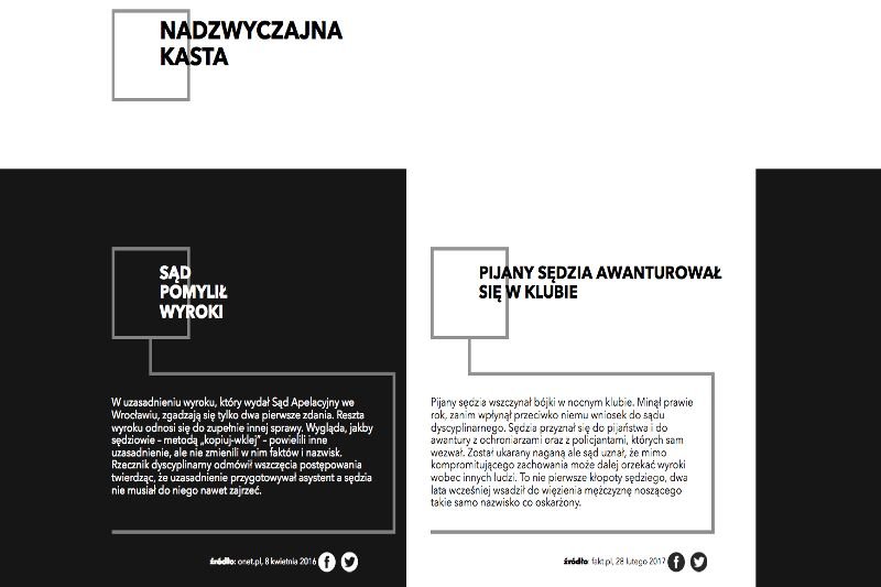 W zakładce "nadzwyczajna kasta" można znaleźć przypadki opieszałości i przestępstw popełnionych przez sędziów. Pokazują one tylko wybrane aspekty spraw.