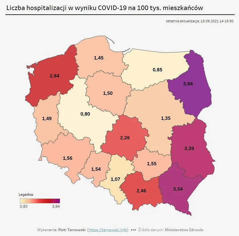 Liczba hospitalizacji w wyniku COVID-19 na 100 tys. mieszkańców.