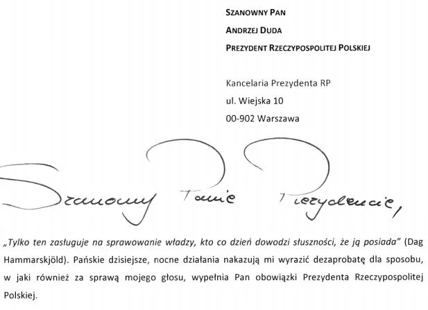 Początek listu przesłanego do prezydenta Andrzeja Dudy.