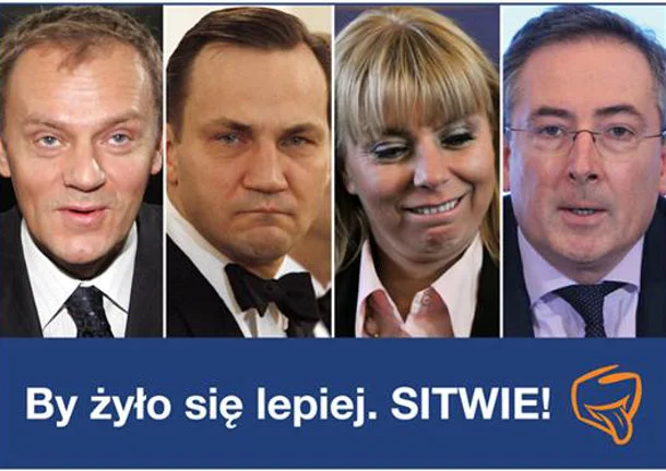Tak wyglądała pierwotna wersja plakatu PiS. Ostatecznie zamiast "sitwy" pojawiło się słowo "władza"