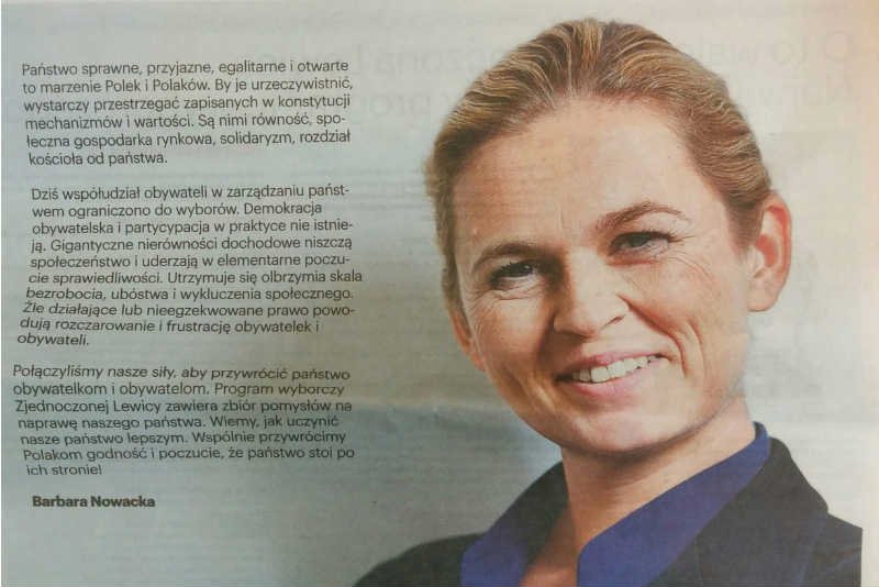 Zdjęcie Barbary Nowackiej z gazetki wyborczej nie jest dobrą reklamą listy Zjednoczonej Lewicy.