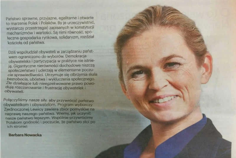Zdjęcie Barbary Nowackiej z gazetki wyborczej nie jest dobrą reklamą listy Zjednoczonej Lewicy.