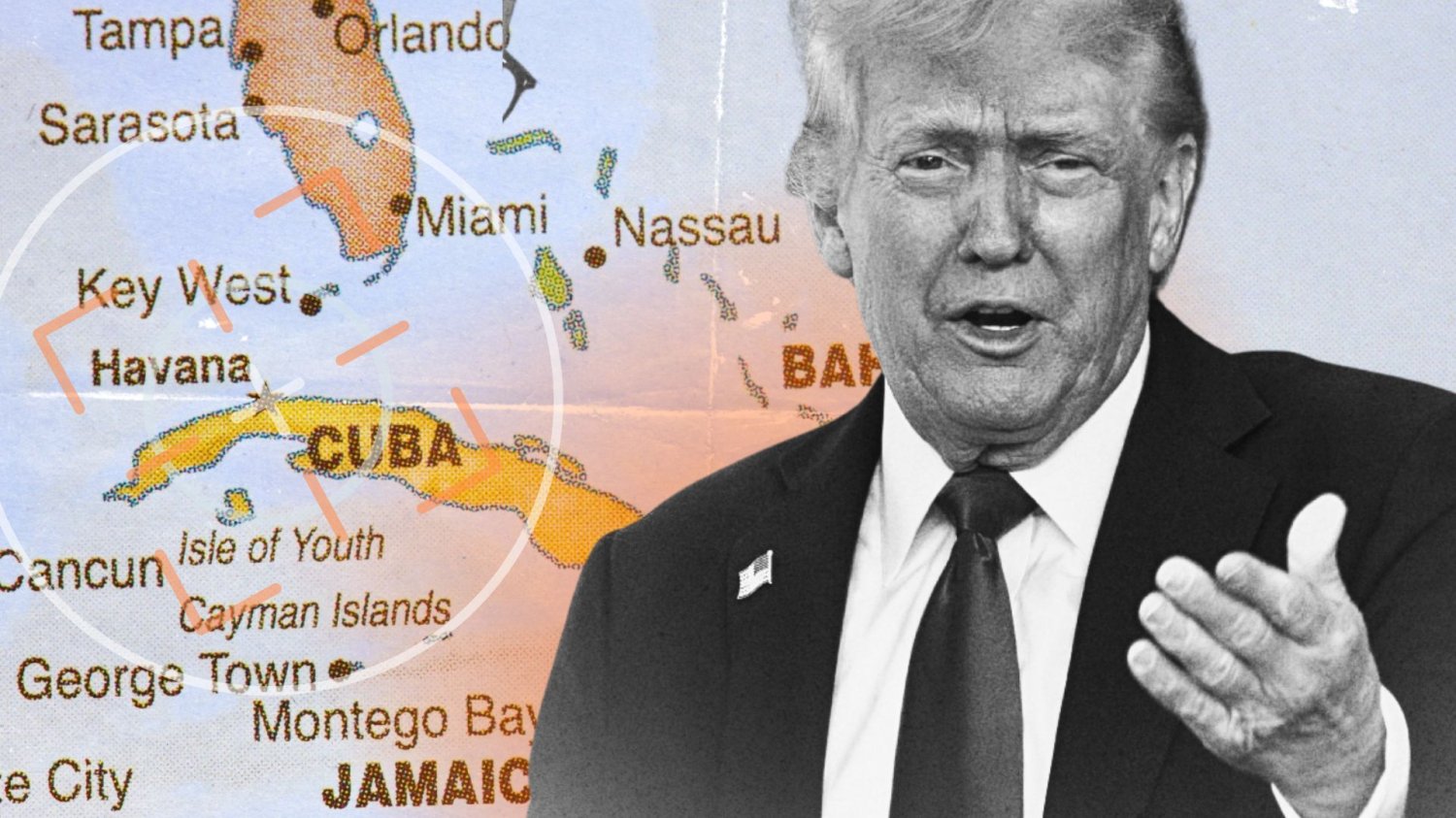 Kuba już płonie, Trump zaciera ręce Donald Trump na tle mapy wyspy Kuba.