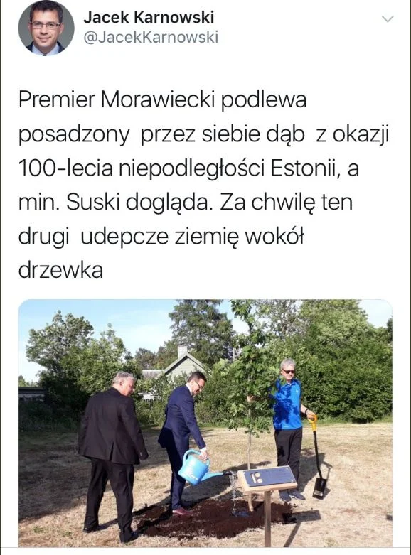 Wpis Jacka Karnowskiego dotyczący wizyty premiera Mateusza Morawieckiego w Estonii.