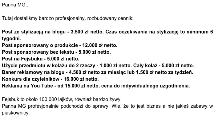 Cennik Panny MG