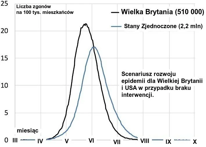 Statystyki rozwoju covid-19 dla Wielkiej Brytanii i USA.
