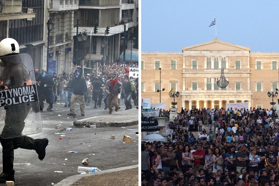 Protesty w Grecji. Na prawym zdjęciu Grecki parlament.
