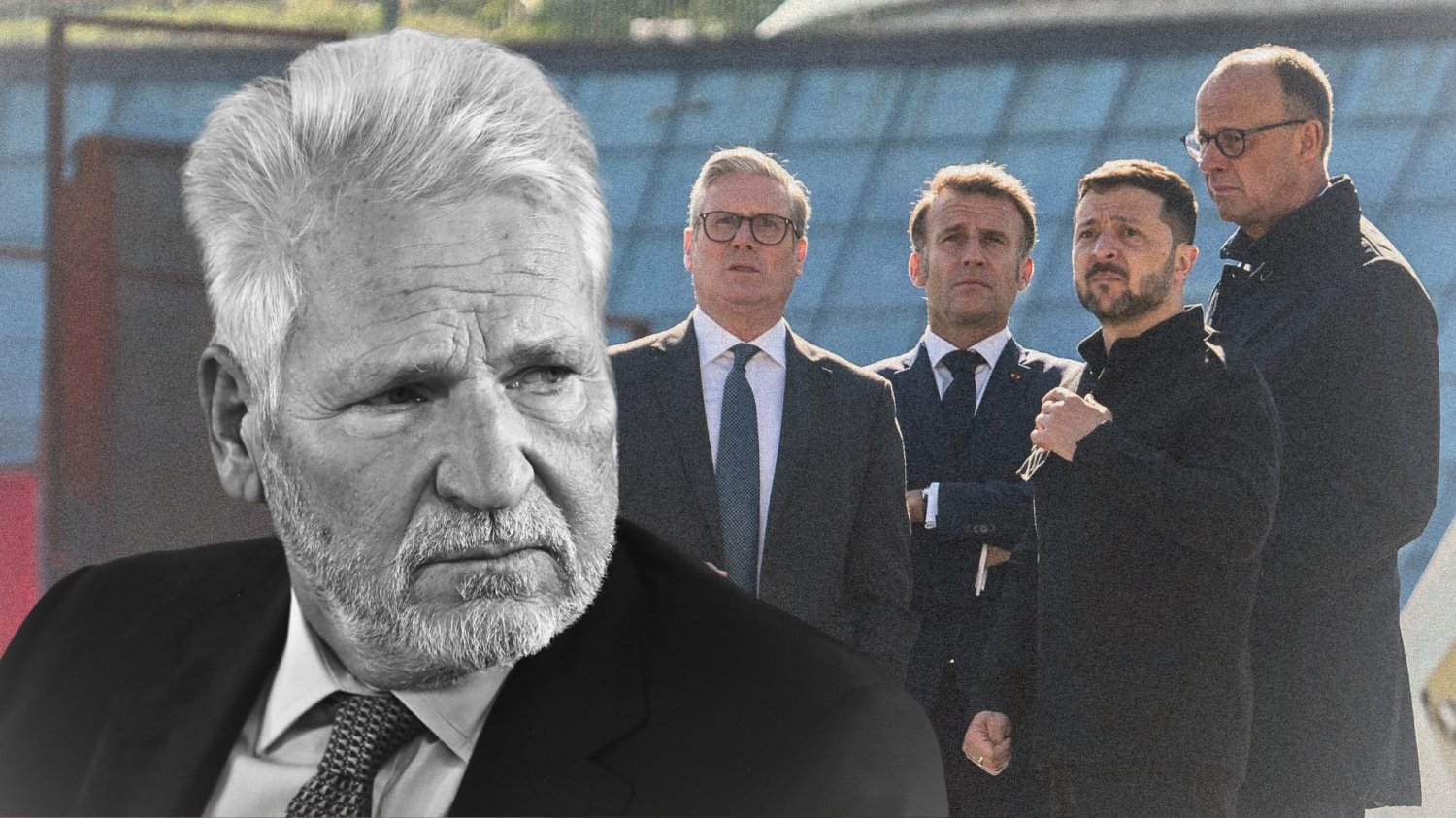 Aleksander Kwaśniewski krytykuje nieobecność Polski na ostatnim szczycie ws. wojny w Ukrainie. Aleksander Kwaśniewski. W tle Keir Starmer, Emmanuel Macron, Wołodymyr Zełenski i Friedrich Merz