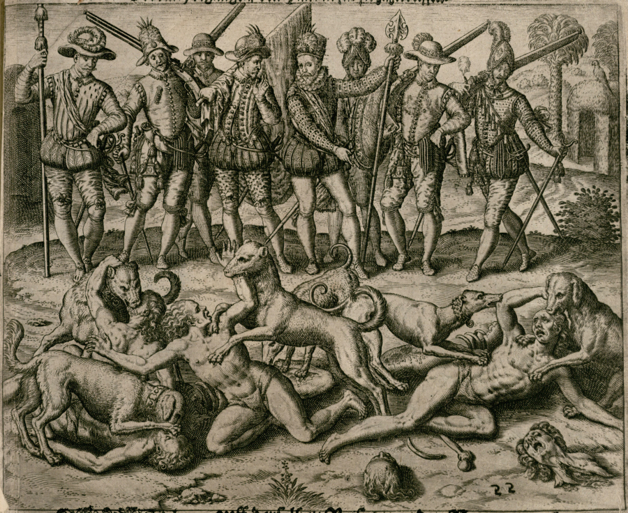 Ameryka, 1594 r. Hiszpański odkrywca, gubernator i konkwistador Vasco Núñez de Balboa karze Indian za popełnienie grzechu sodomii na śmierć przez rozszarpanie żywcem przez psy. Théodore de Bry (flamandzki kartograf, złotnik, rysownik i rytownik, 1528–1598