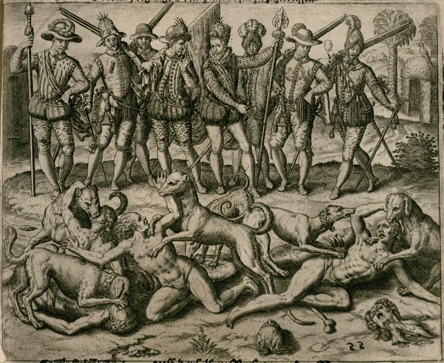 Ameryka, 1594 r. Hiszpański odkrywca, gubernator i konkwistador Vasco Núñez de Balboa karze Indian za popełnienie grzechu sodomii na śmierć przez rozszarpanie żywcem przez psy. Théodore de Bry (flamandzki kartograf, złotnik, rysownik i rytownik, 1528–1598