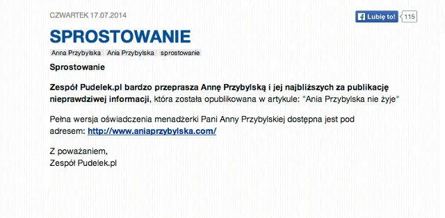 Sprostowanie i przeprosiny, które ukazały się na portalu.