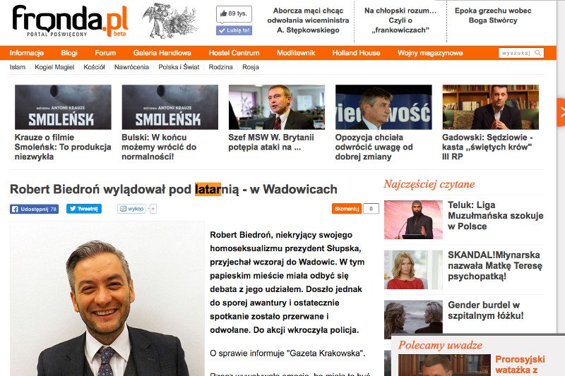 Żenująca akcja Frondy. Były portal Terlikowskiego napisał, że Biedroń wylądował... pod latarnią