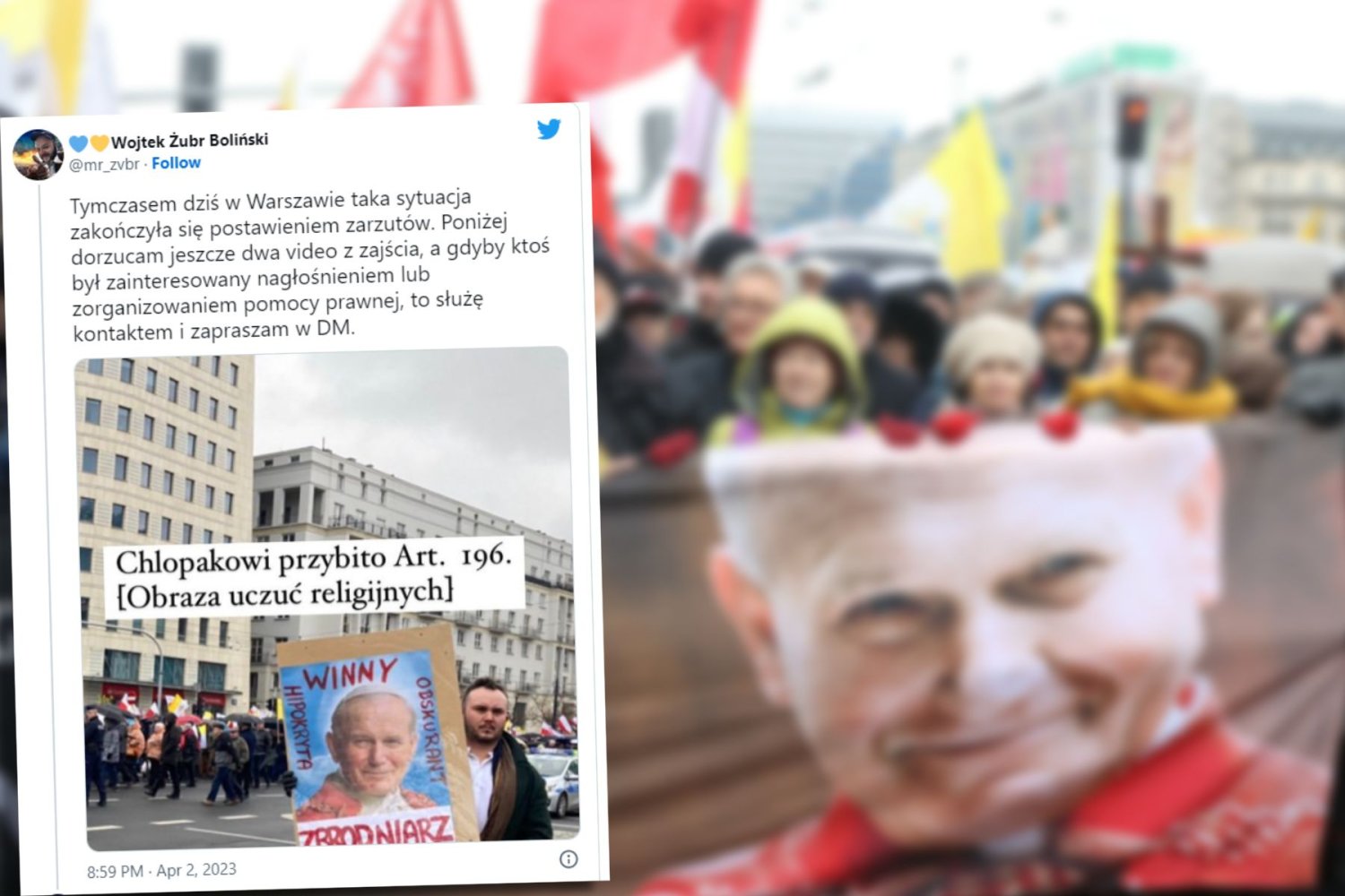 Marsz papieski. Mężczyzna usłyszał zarzut obrazy uczuć religijnych za transparent z Janem Pawłem II