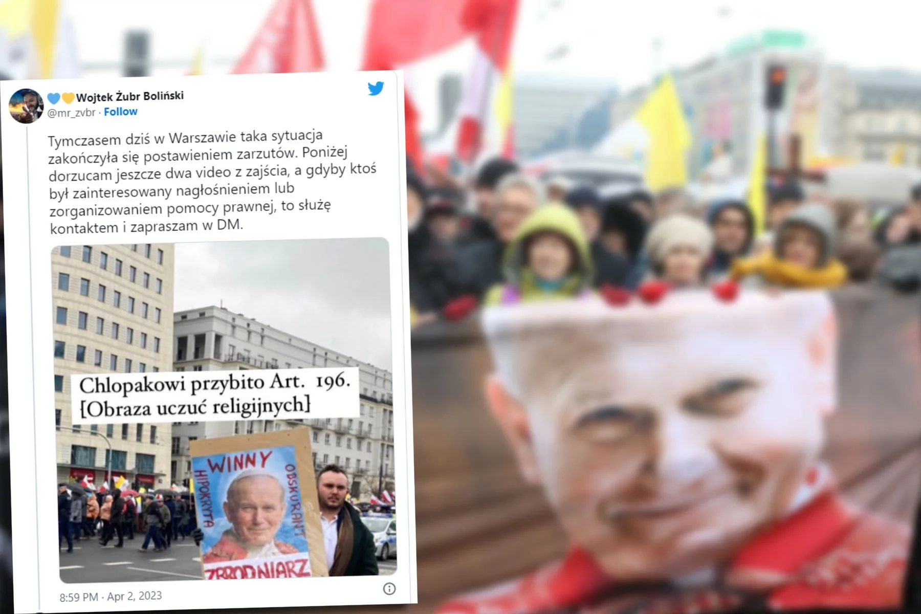 Marsz papieski. Mężczyzna usłyszał zarzut obrazy uczuć religijnych za transparent z Janem Pawłem II