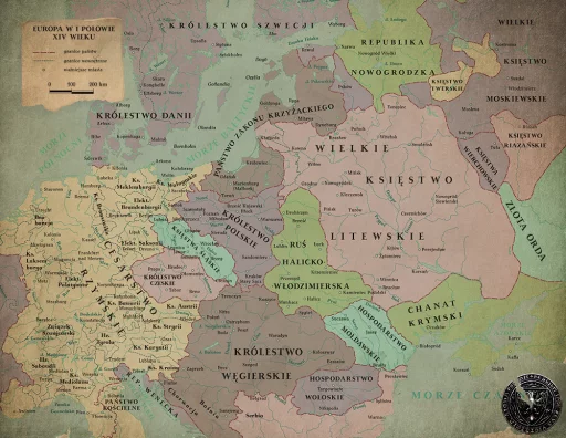 Mapa Europy w pierwszej połowie XIV wieku, której posiadaczem można zostać, decydując się na zakup powieści "Wojenna korona" w wydaniu w twardej oprawie