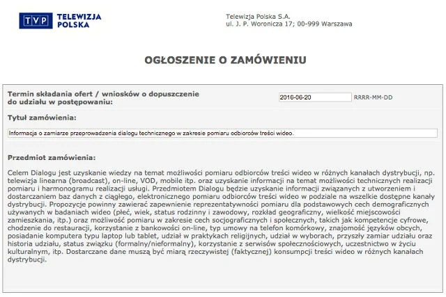 Na stronie TVP pojawiło się ogłoszenie o przetargu na nową firmę badającą oglądalność.