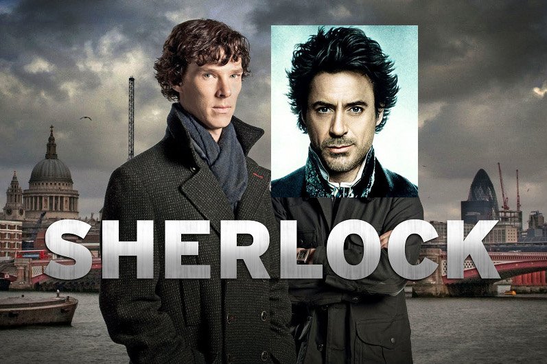 Miks z promocyjnych zdjęć miniserialu BBC i filmu Guya Ritchie "Sherlock Holmes: Gra cieni"