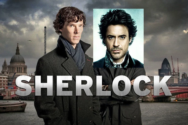 Miks z promocyjnych zdjęć miniserialu BBC i filmu Guya Ritchie "Sherlock Holmes: Gra cieni"